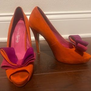 Jeffrey Campbell Garett Two Tone Orange and Pink Bow Suede Heels